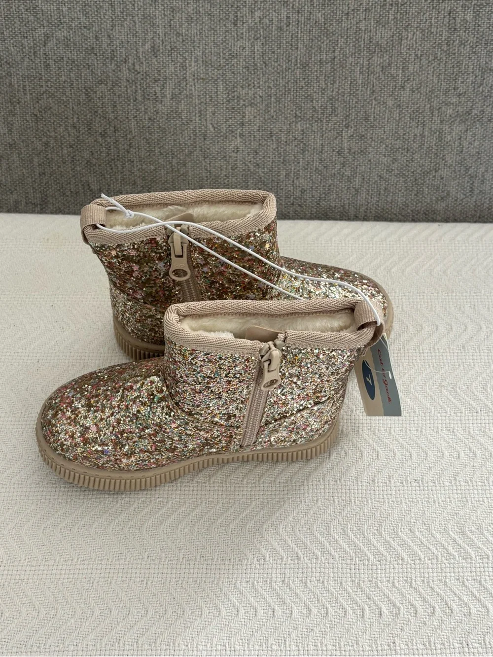 Kids Glitter Ankle Boots in Tan with Multicolor Sparkle